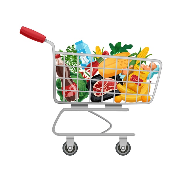 Shopping bag basket composition with isolated image of products in supermarket trolley cart