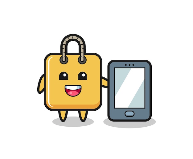 Карикатура на сумку для покупок со смартфоном