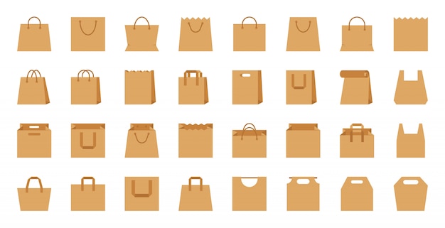 Shopping bag, paper craft eco package, shop accessory flat cartoon icon set.