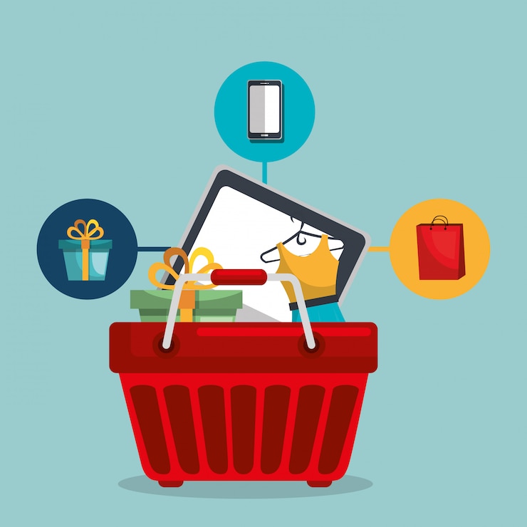Free Vector shopping basket with marketing set icons