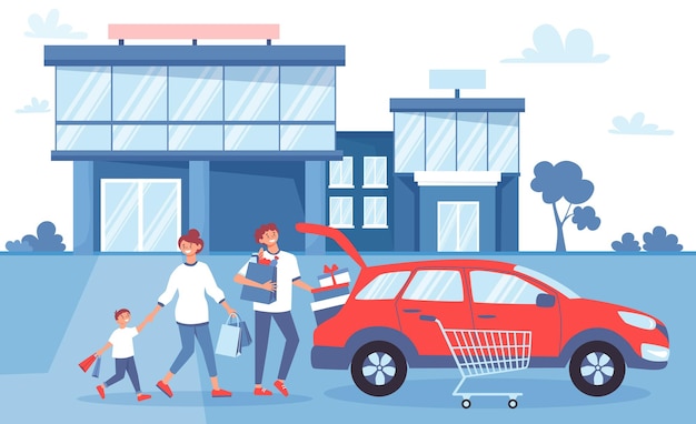 Бесплатное векторное изображение Композиция торгового автомобиля с пейзажами на открытом воздухе и здание магазина с семейными персонажами, загружающими товары в автомобильную векторную иллюстрацию