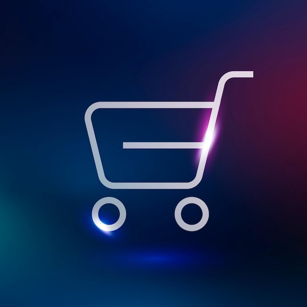 Shopping cart vector technology icon in neon purple on gradient background
