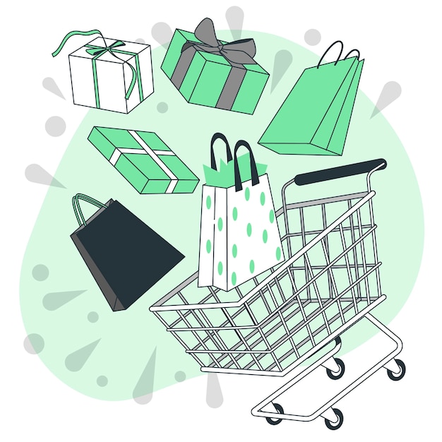 Free vector shopping cart with bags or gifts concept illustration