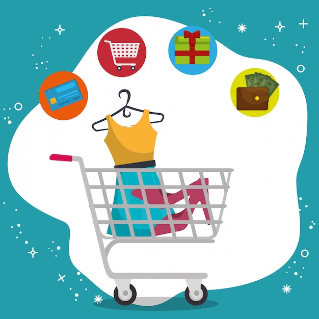 Free vector shopping cart with marketing set icons