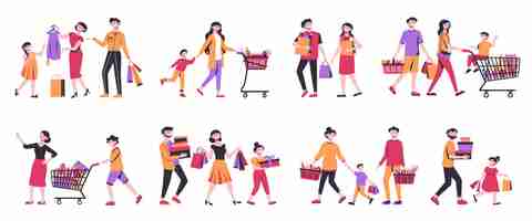 무료 벡터 쇼핑 컬러 아이콘 세트 어린이 커플이 있는 사람들은 가방과 카트 벡터 삽화가 있는 상점에서 구매합니다.