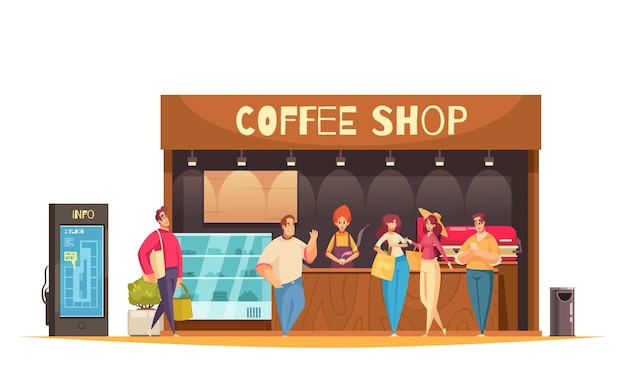 Free vector shopping colored and flat composition with coffee shop and customers walk around