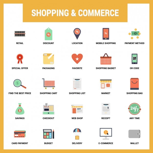 Free vector shopping and commerce flat icons set