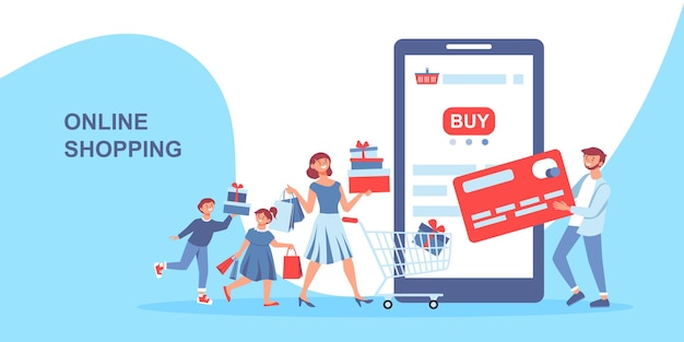 Free vector shopping composition with editable text and smartphone with credit card and family characters with trolley cart vector illustration