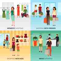 Free vector shopping concept icons set with women and men shopping symbols flat isolated vector illustration