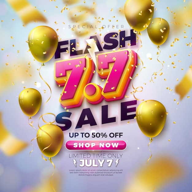 Shopping Day Flash Sale Design with 3d 77 Number on Podium and Falling Confetti on Light Background