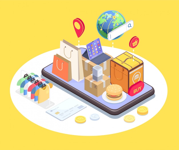 Shopping e-commerce isometric composition with conceptual image of phone and items on top of touchscreen vector illustration