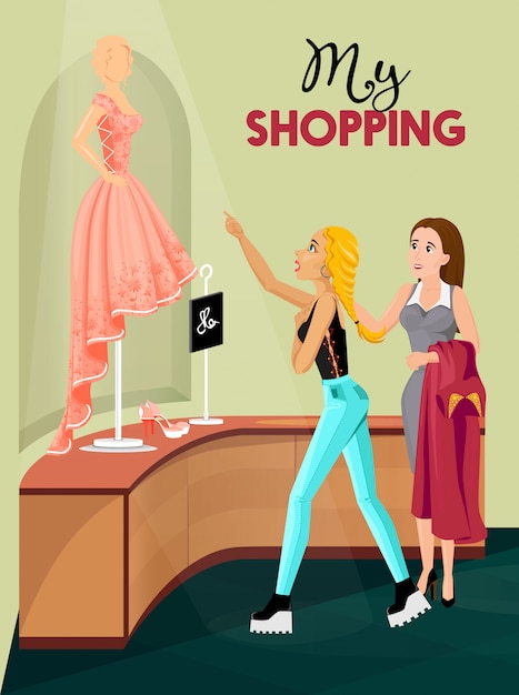 Shopping girl in store interior illustration