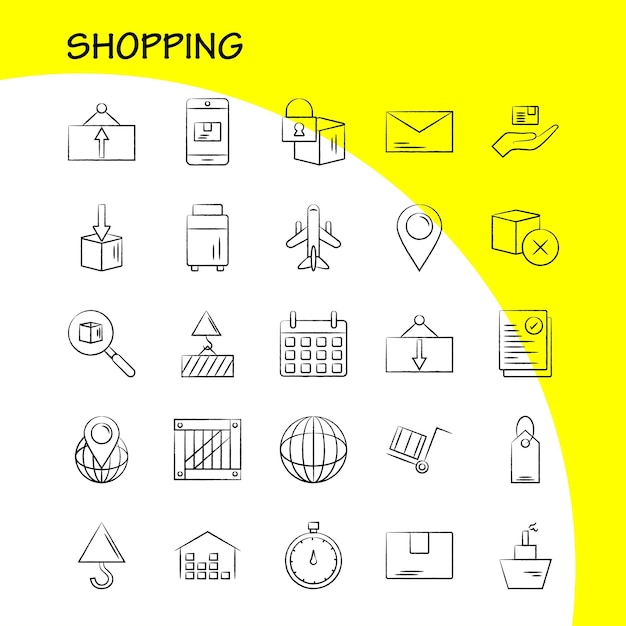 Free vector shopping hand drawn icon for web print and mobile uxui kit such as box delivery shipping lock cargo delivery package shipping pictogram pack vector