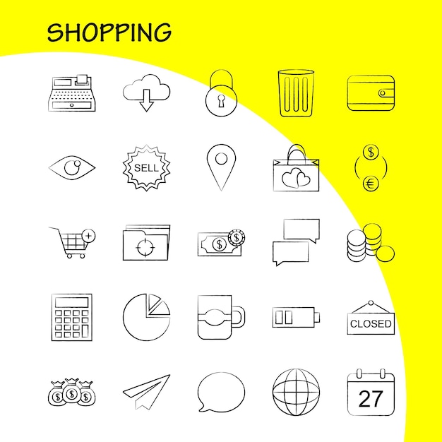 Shopping Hand Drawn Icon for Web Print and Mobile UXUI Kit Such as World Globe Internet Map Cloud Arrow Dawn Download Pictogram Pack Vector