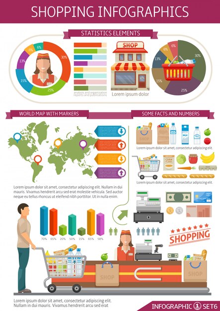 Shopping infographics template with world map money employee and consumer food set statistics and diagrams vector illustration