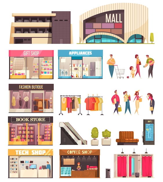 Набор иконок торгового центра с торговым центром, сувенирным магазином, модным бутиком, книжным магазином, техническим магазином и векторной иллюстрацией описания кофе Premium векторы