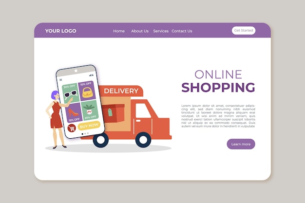 Vettore gratuito modello di design piatto pagina di destinazione dello shopping online