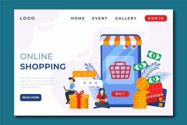 Shopping landing page online in design piatto