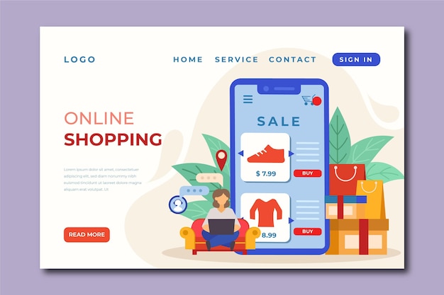Покупки онлайн целевой страницы в плоском дизайне