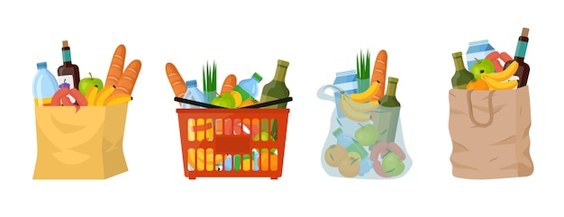 Бумажные или пластиковые пакеты для покупок и корзина с такими продуктами, как молоко, хлеб, продукты для завтрака. Набор иллюстраций шаржа