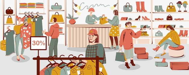 Composizione piana della gente di acquisto con i compratori ed i venditori nell'illustrazione interna di vettore del negozio di abbigliamento