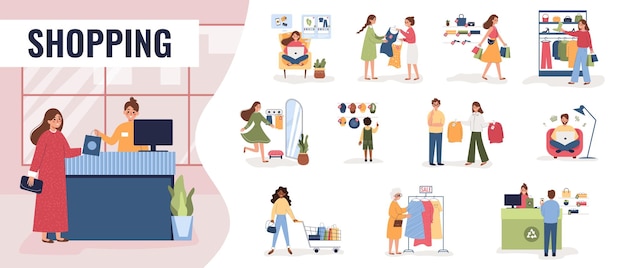 Free vector shopping people flat set with isolated compositions of adult human characters going shopping with checkout view vector illustration