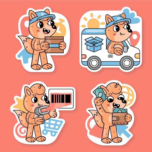 Shopping stickers collection with fred the fox