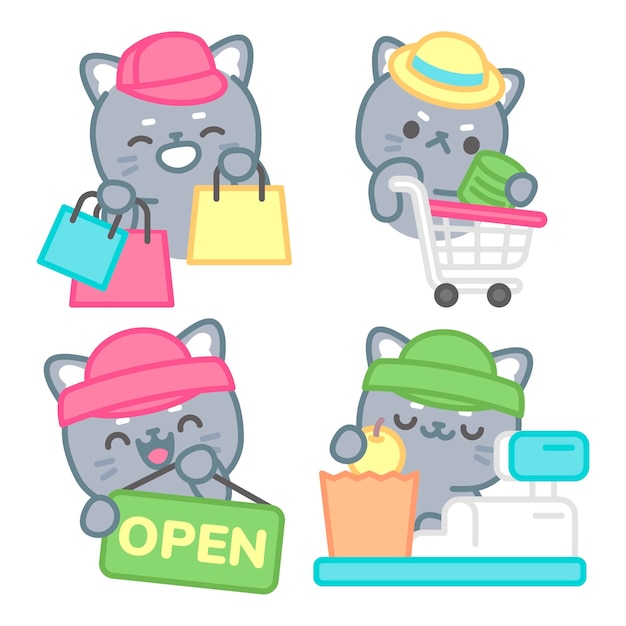 무료 벡터 고양이 토모미와 함께하는 쇼핑 스티커 컬렉션