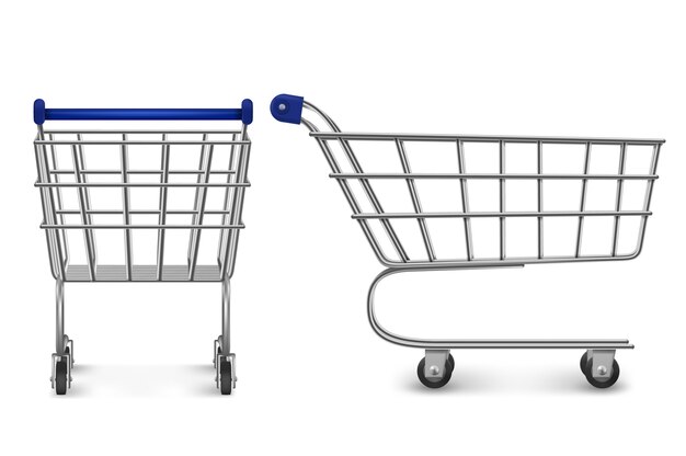 ショッピングトロリーの背面図と側面図、白い背景で隔離の空のスーパーマーケットカート。小売店、食料品店、店舗市場で購入するための顧客の機器。リアルな3Dイラスト