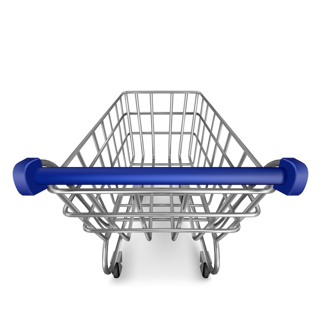 Shopping trolley, empty supermarket cart view from the first person isolated on white