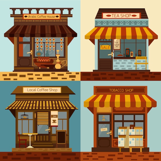 Free vector shops and local mini stores facades set