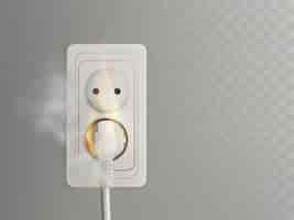 Free vector short circuit in electrical outlet 3d realistic with flaming power plug in socket illustration