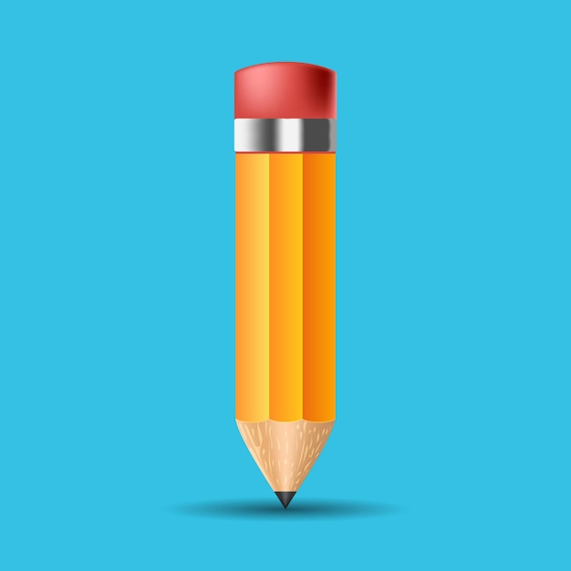 짧은 노란색 연필, 고무 지우개가 있는 현실적인 연필 격리 만화.
