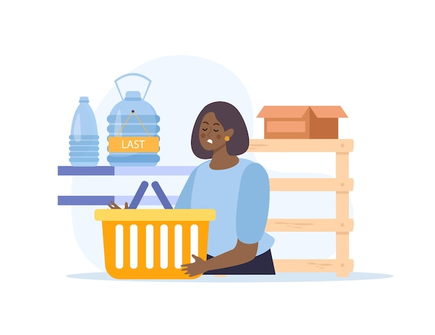 Free vector shortage of goods flat composition with doodle character of unhappy black woman with empty shopping basket vector illustration