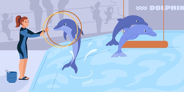 Show at dolphinarium with clever dolphins jumping through hoops flat vector illustration