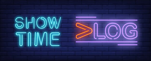 Show time on vlog neon sign. Creative lettering with additional lines.