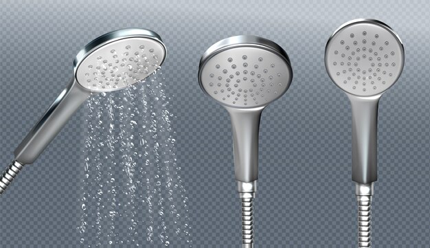 Shower head with water spray isolated on transparent background. realistic template of metal sprinkler with hose and falling drops. Equipment for douche and bath