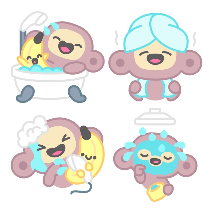 Free Vector shower stickers collection with monkey and banana
