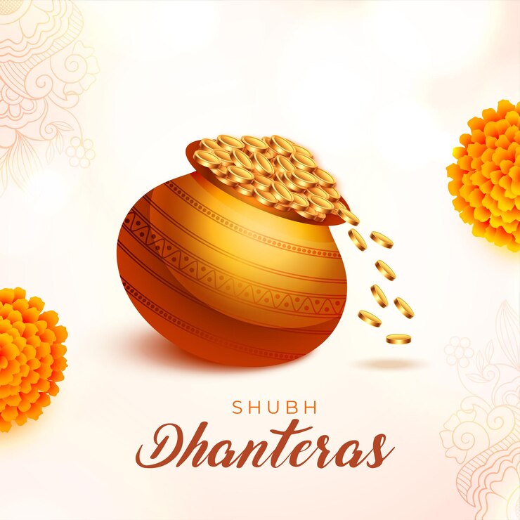 मुफ़्त वेक्टर shubh dhanteras occasion background with golden coin pot and floral design