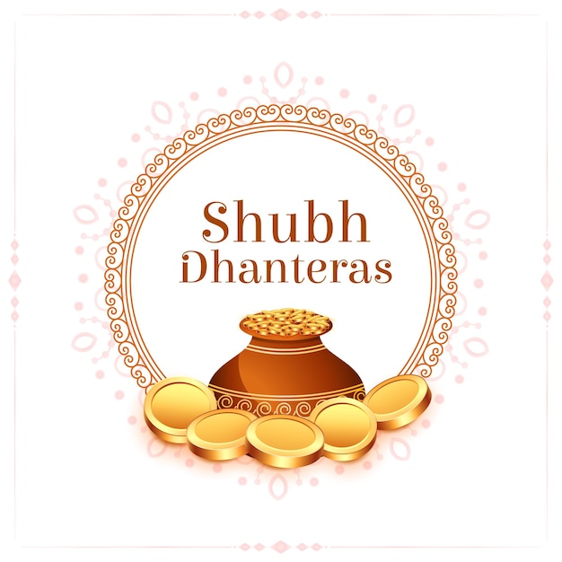 Free vector shubh dhanteras religious poster with golden coin and kalasha