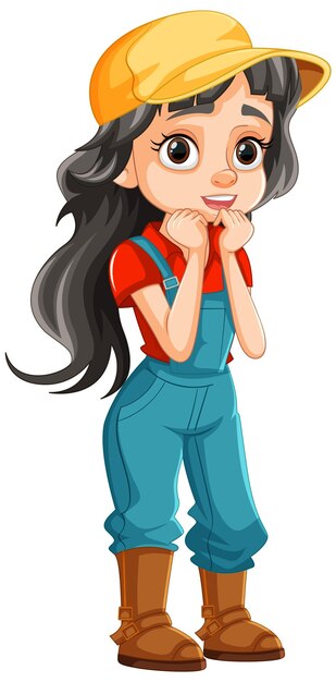 shy farmer girl in cap and denim overalls