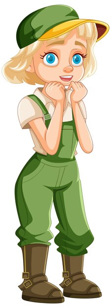 shy farmer girl in green overalls