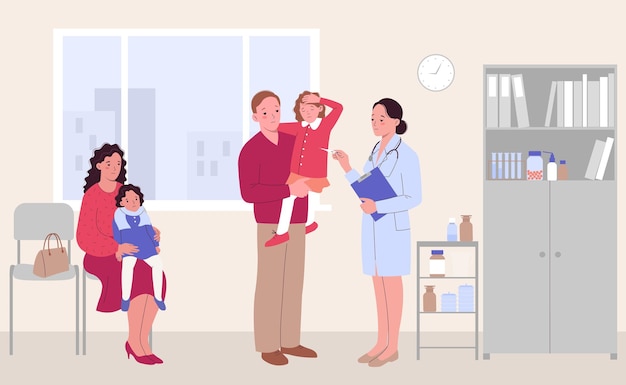 Sick child flat composition with indoor view of doctors office with characters of pediatrician and parents vector illustration