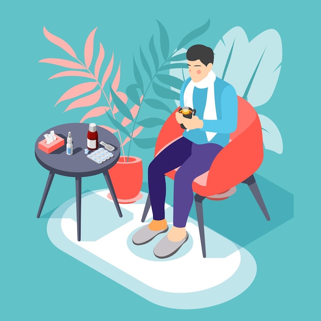 Free vector sick man with flu cold sore throat sitting in armchair with hot drink isometric illustration