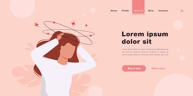 Sick person suffering from vertigo, feeling confused, dizzy and head ache landing page in flat style