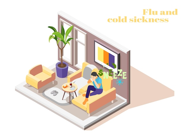 Больная женщина с гриппом, простудой, сидя на диване дома, чихает тканью изометрии