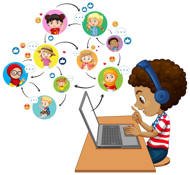 Free vector side view of a boy using laptop for communicate video conference with teacher and friends on white