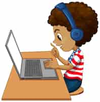 Free vector side view of a boy with laptop on the table on white background