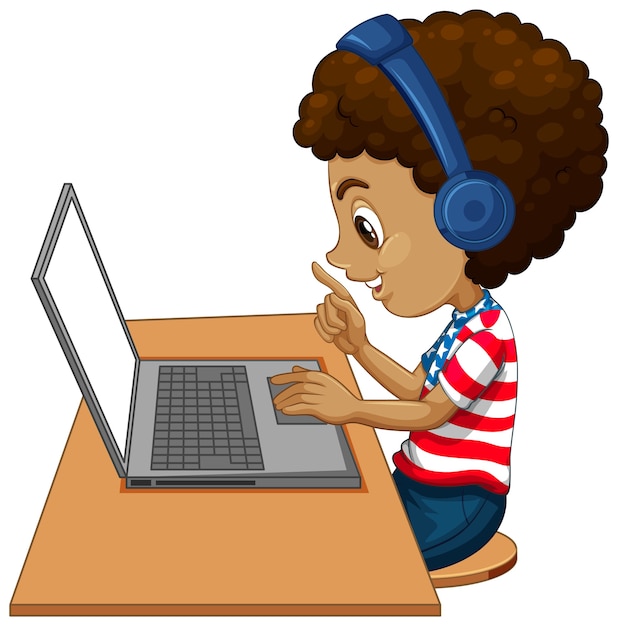 Side view of a boy with laptop on the table on white background