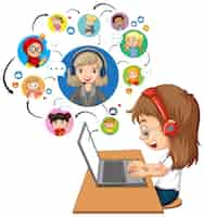 Free vector side view of a girl using laptop for communicate video conference with teacher and friends on white background